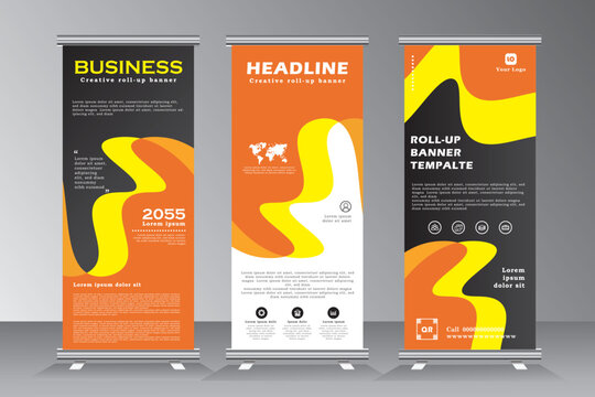 roll up banner desing, roll up banner template with orange and yellow background, roll up banner template, vertical banner template, vector eps 10