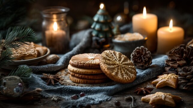 Cozy and Festive Arrangement of Gingerbread Cookies with Candles and Pinecones, Evoking a Warm Holiday Spirit in a Rustic Setting