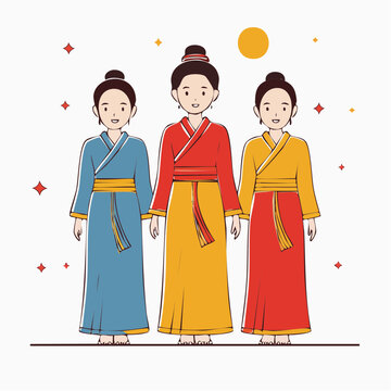 Three women in traditional East Asian clothing