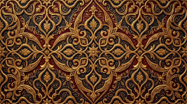 Intricate Golden Floral Patterned Background with Deep Red Accents.