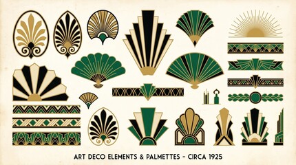 Obraz premium Stylized Art Deco elements and palmettes in gold, green, and black, fan shapes and sunbursts symbolize luxury, symmetry, and modernity of 1920s decorative design.