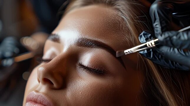 Beauty professional carefully applying brow product to sculpt client's perfect eyebrows