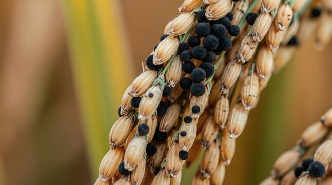 Macro view of rice plant stem covered with black fungal spores. Diseased grain shows signs of blight, impacting crop health and food supply. Agricultural problem concept.