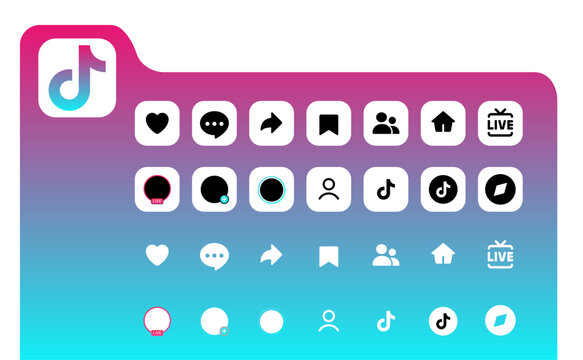 TikTok Logo and Popular User Interface Icons Set &ndash; Like, Comment, Share, Save, Profile, Followers, Home and Live Buttons