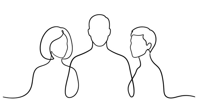 Continuous line drawing of a diverse group of three people.
