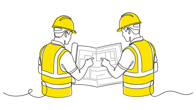 Continuous line drawing of two construction workers looking at blueprints.