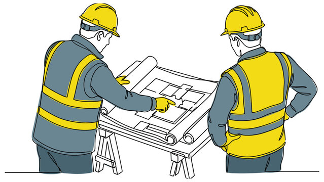 Two construction workers examining architectural blueprints on a job site.