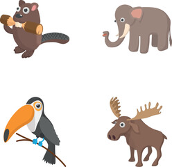 Obraz premium Cartoon wild animals, including a beaver, elephant, toucan, and moose, creating a wildlife set