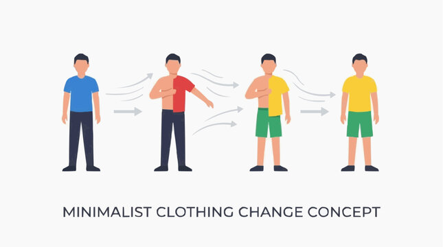 A person quickly changing clothes with smooth transitions between outfits, fluid and organized animation, clean design, pure white background.