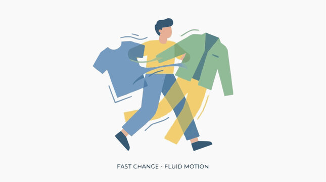 A person quickly changing clothes with smooth transitions between outfits, fluid and organized animation, clean design, pure white background.