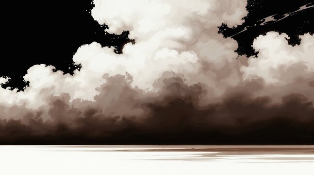 Dark abstract clouds swirl on black background. White and brown fog blend with subtle texture. Minimalist nature illustration evokes atmospheric mood, weather phenomena.