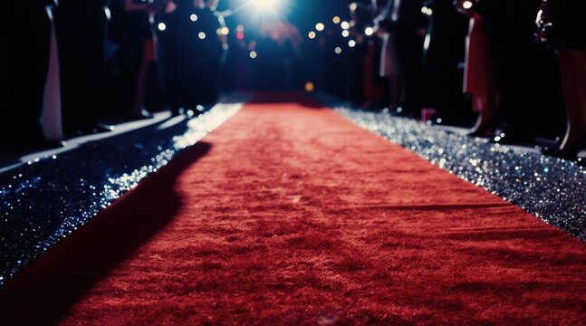 Red carpet walkway with blurred guests and bright spotlights. Celebrities arrive at a glamorous event, walking on shiny glitter floor. Festive night scene with awards show.