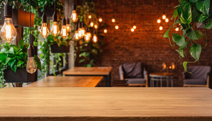 Obraz premium Trendy Co-working Space Interior Warm Amber Edison Lights Bokeh Backgr