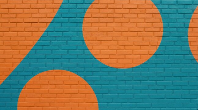 Orange and teal geometric shapes painted on brick wall surface. Abstract urban art pattern with circles and lines. Modern graphic design backdrop for creative work. Bold colours. Texture.
