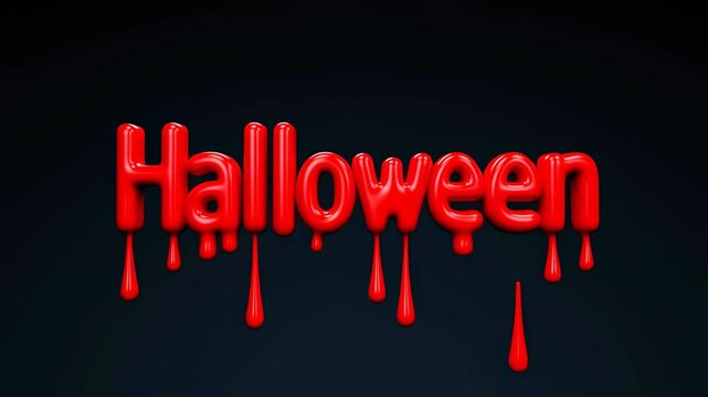 Static shot of 3D glossy red Halloween text with dripping effect on dark background, holiday concept
