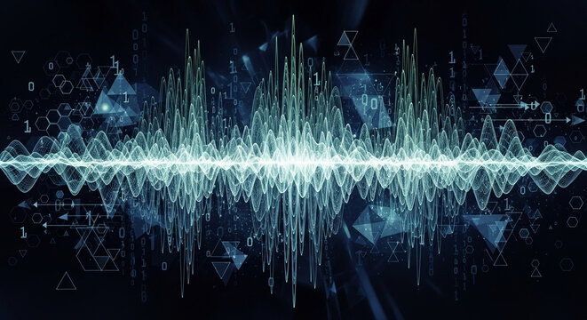 Dynamic, abstract, digital sound wave visualization with glowing neon blue light, fractal patterns, binary code, and geometric shapes on a dark background.