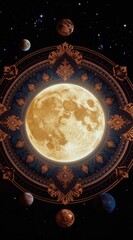 Obraz premium Golden moon within ornate cosmic mandala structure. Planets and stars adorn dark starry expanse. Mystical astrology and universe theme illustration.