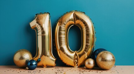 Obraz premium Golden foil balloons shaped like number 10 stand beside shiny baubles on teal backdrop. Gold confetti scatters across light surface creating festive celebratory scene. This signifies joy, achievement.