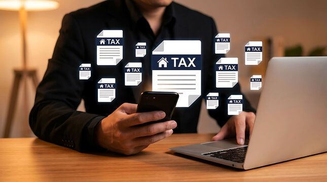 Man managing online property tax documents using smartphone and laptop at work