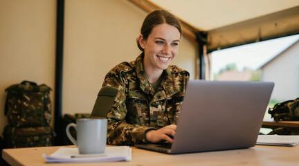 Naklejka na ściany i meble Smiling German soldier works on laptop inside tent camp. Female officer uses computer for operations. Pro woman in army uniform on duty with gear in background.
