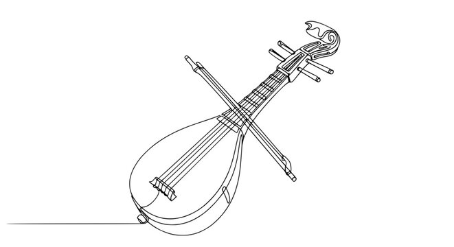 Elegant Single Line Drawing of a Chinese Erhu Instrument with Bow