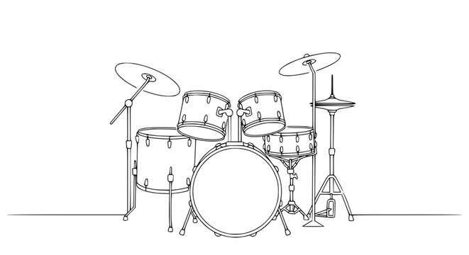 Minimalist Drum Kit Outline Drawing - Black and White Musical Instrument