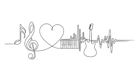 Continuous Line Art: Music Heartbeat, Guitar, Piano, Treble Clef, Notes © Helm