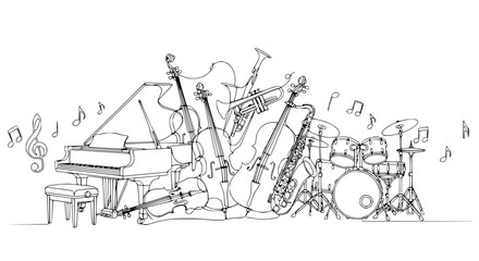 Obraz premium Jazz Band Instruments Collage - Outline Drawing