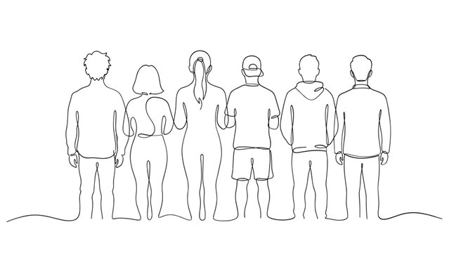 Continuous line drawing of a diverse group of people standing together.