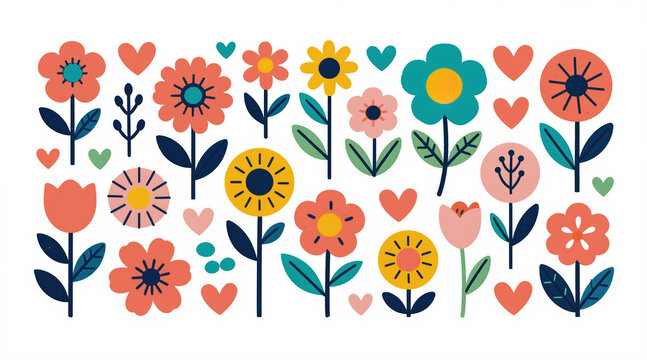 Collection of cheerful stylized flowers and hearts in bright colors. Simple shapes form a playful pattern. Ideal for spring and summer themes. Background design element.