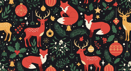 Naklejka premium Whimsical Christmas Pattern: Foxes, Deer, Ornaments, Holly & Stars on Black