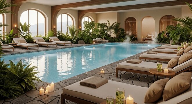 Relaxing indoor pool lounge with sunbeds and tropical plants
