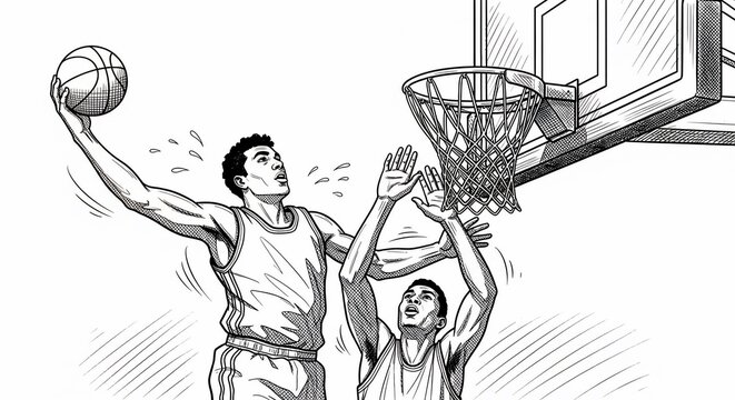Man dunking basketball with opponent defending, indoor court
