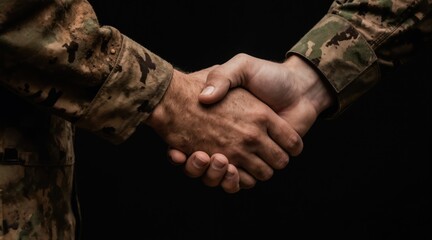 Obraz premium Two soldiers in dirty camouflage uniforms shake hands against dark background. Symbolizing trust unity and mutual respect after combat. Illustrates army brotherhood camaraderie and support in war.