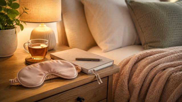 Cozy bedtime scene with tea book blanket and sleep mask