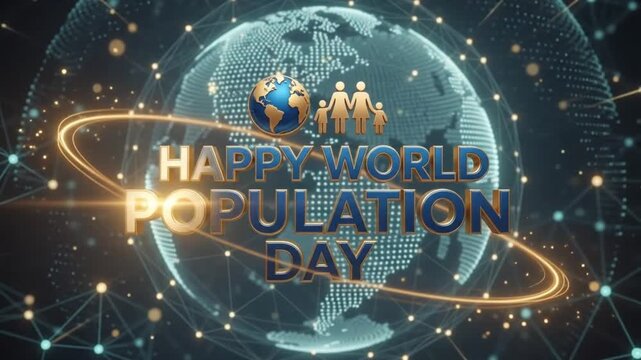 Elegant global greeting for Happy World Population Day with golden three dimensional layout set against a rotating glowing digital globe with orbital light rings and family icons in the background