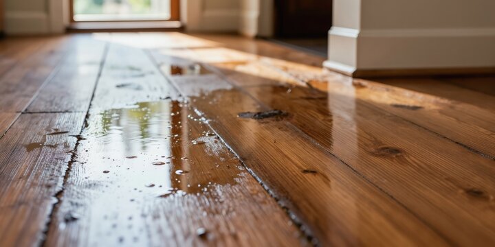 Water puddle on wooden floor in hallway. Sunlight hits wet planks near doorway. Home interior shows damage from leak. Requires cleanup repair.