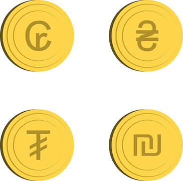 Golden coins featuring symbols for brazilian cruzeiro, ukrainian hryvnia, mongolian tugrik, and israeli shekel