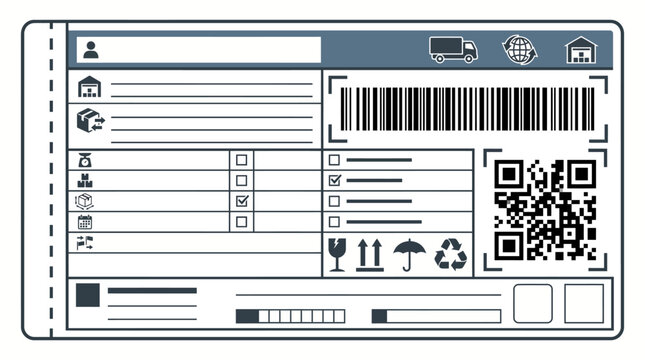 Shipping label template with barcode and QR code for logistics and delivery.