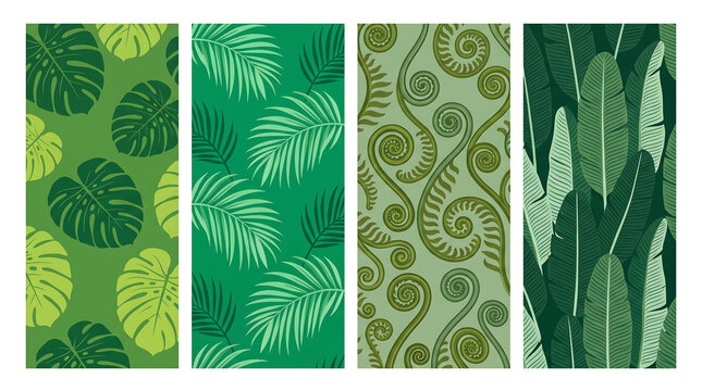 Four-panel vertical poster of tropical botanical leaf patterns in jungle greens with thin white gutters