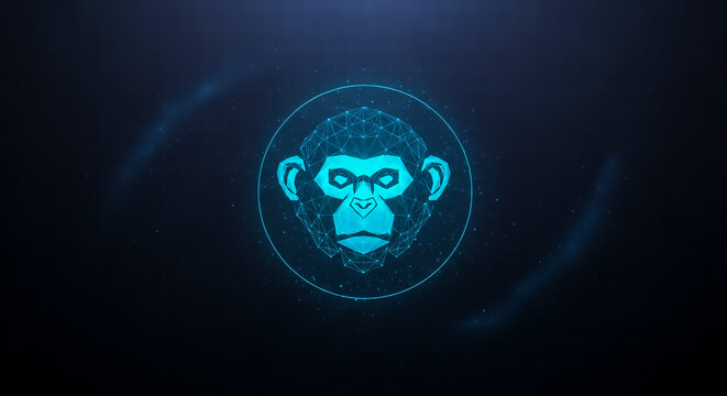 A stylized blue monkey head inside a glowing circular frame, set against a dark, abstract background.