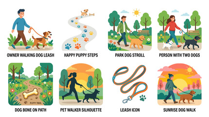 Fototapeta premium Vector set of people walking dogs in various outdoor environments with pets on leashes