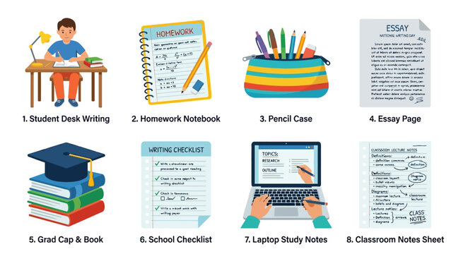 Vector set of student desk writing with homework notebook and pencil case on a study page with grad cap and book stack.