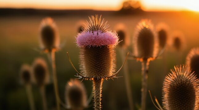 Wild teasel flower with pinkish bloom glows in golden sunset light. Prickly plant stands in field at dusk. Nature scene with soft focus background and warm glow.
