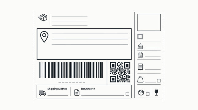 Vector illustration of a blank shipping label template with barcode, QR code, address fields, and delivery icons for logistics and e-commerce.