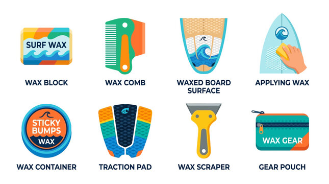 Vector set of surfing gear including wax block, comb, scraper, and board maintenance tools on a colorful background with surf wax container and traction pad.