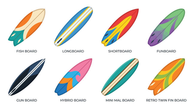 Vector set of various colorful surfboards on a white background including fish, longboard, shortboard, funboard, gun, hybrid, mini, and retro twin fin boards