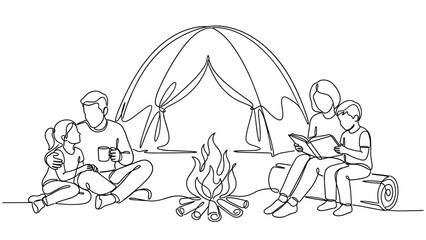 Continuous line drawing of a happy family camping with a tent and campfire. © dani