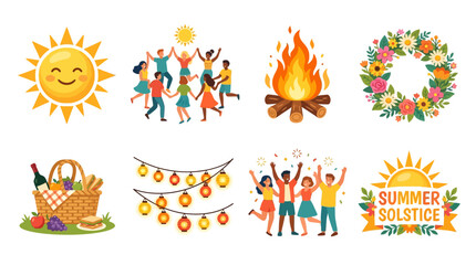 Obraz premium Vector set of summer solstice icons including sun, people dancing, campfire, wreath, picnic basket, lanterns, and celebratory elements