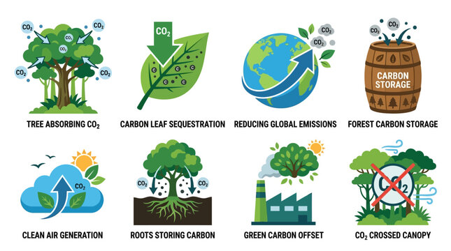 Vector set illustrating environmental icons for reducing global emissions and promoting carbon offset through sustainable practices and green initiatives worldwide effectively.